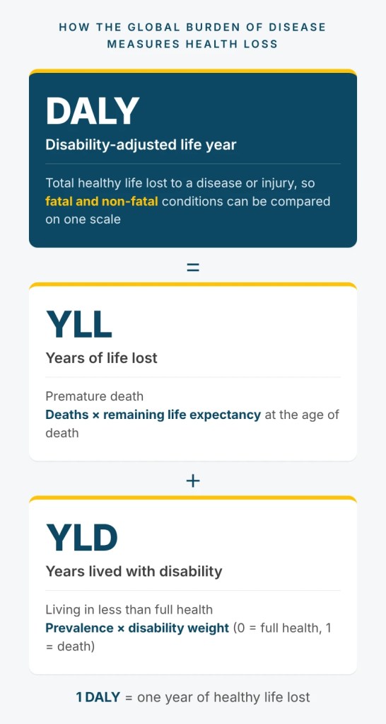 Diagram: DALY (disability-adjusted life year) equals YLL (years of life lost) plus YLD (years lived with disability)